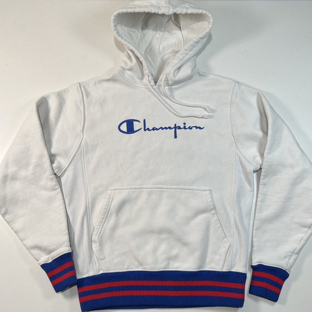 Champion Reverse Weave Hoodie Mens Small White Sweatshirt Pullover Cursive Logo